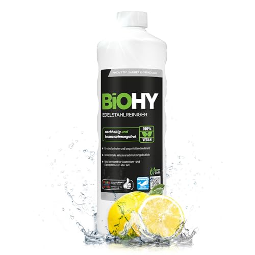 BiOHY Edelstahlreiniger (1l Flasche) | Edelstahlpflege für streifenfreien Glanz | ideal für Küche, Töpfe oder Grill | Edelstahl reinigen in Gastronomie &...