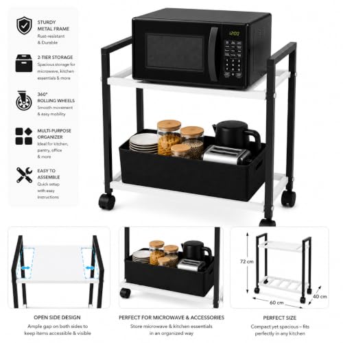 Image of ROHC Microwave Oven Stand with Wheels | Metal Air Fryer Stand for Kitchen | Microwave Trolley Cart with Storage Rack & Shelf, Oven Stand for Countertop & Kitchen
