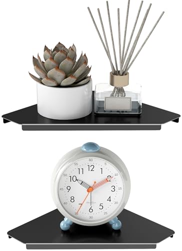 MKO Small Wall Mounted Floating Corner Shelves Metal Black Pack of 2 (8 in)