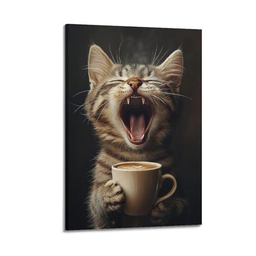 Impression sur toile chat café style cadre affiche haut de gamme