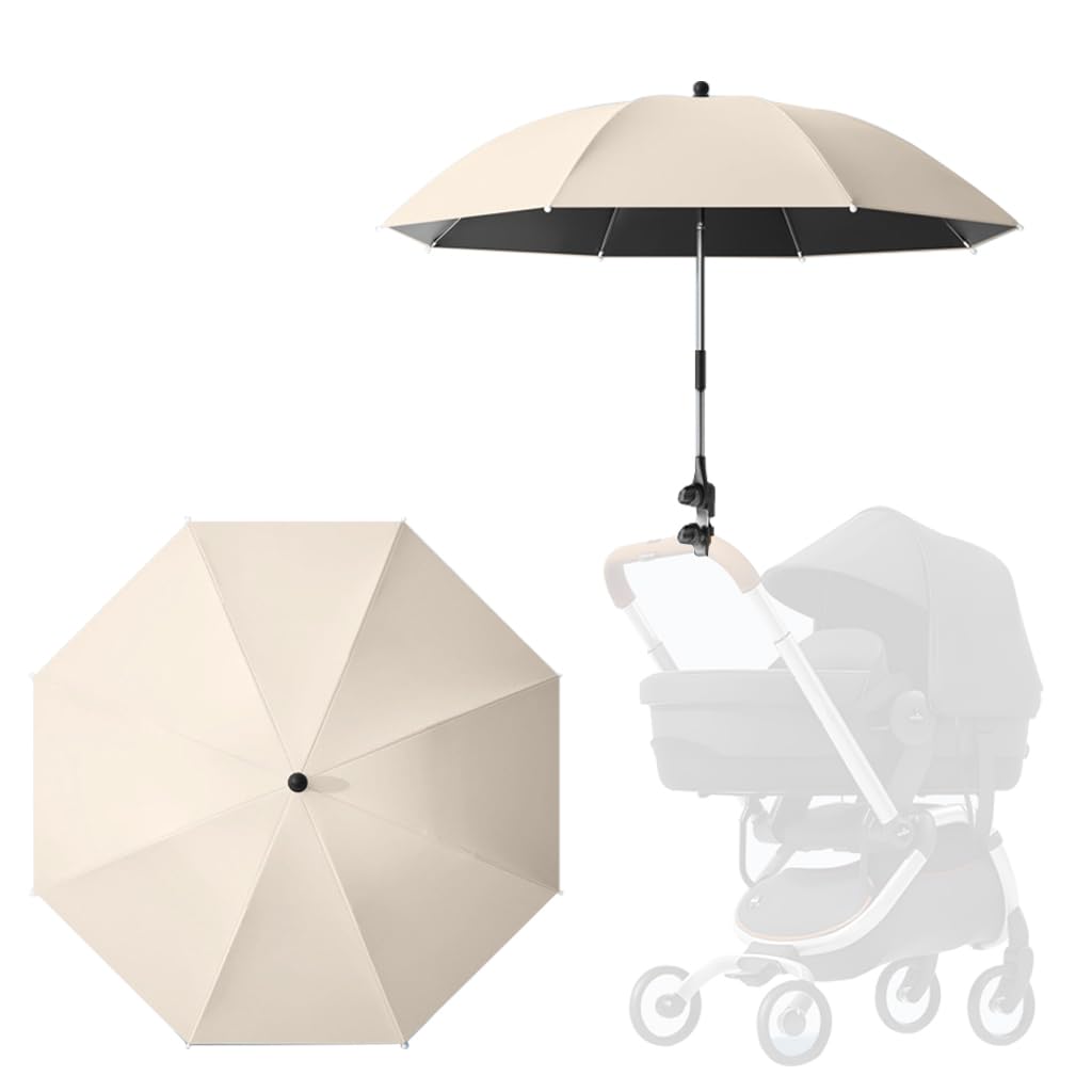 Universal Sonnenschirm für Kinderwagen Buggy,UPF50+,85 cm Durchmesser,Sonnenschutz Kinderwagen,Sonnenschutz Buggy mit flexibler Universalhalterung Modell (Beige)