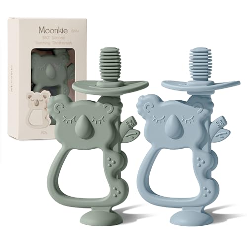 Image of Moonkie Teething Toy Set of 2, Safe & Easy to Hold BPA Free Silicone Teethers, 360° Baby Toothbrush with Suction Base, Teether Toys Best for Babies 6-12 Months (Koala Ether/Sage)