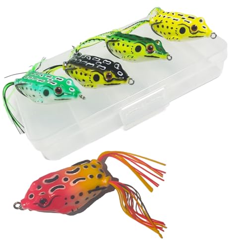 TFMSAN Topwater Frog Lures - 5pcs Weedless Lifelike Surface Frogs for Bass Fishing