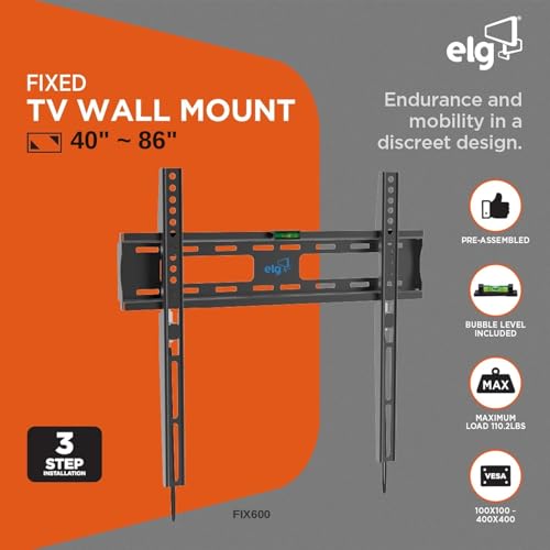 Image of ELG TV Wall Mount| Heavy Duty LCD Wall Stand | Flat and Curved Panel LED Wall Mount| Universal Fixed Stand| VESA 600x400mm|Suitable for 40 to 86 Inches| Holds Upto 50Kg| FIX600