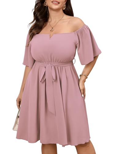 Image of SCOMCHIC Womens Plus Size Cocktail Dress Summer Off Shoulder Short Sleeve Flowy Ruffle A-Line Cute Mini Dress with Belt