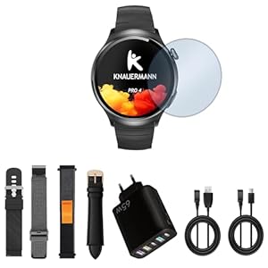 Knauermann PRO 4 EKG-Gesundheitsuhr mit Telefonfunktion – Smartwatch in Schwarz – Puls, Blutdruck, Blutsauerstoff, HRV, Schlafanalyse – Für Damen und Herren – Premium-Set mit 5 Armbändern Schwarz