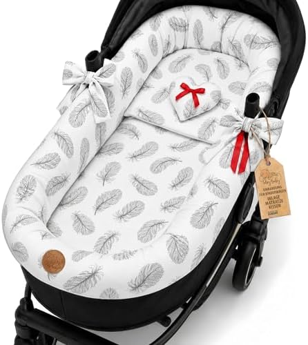 Umrandung für Kinderwagen - Bezug für Babywanne Nestchen Kinderwagenzubehör set 3- teilig mit Kissen und Matratze Baumwolle Gefieder
