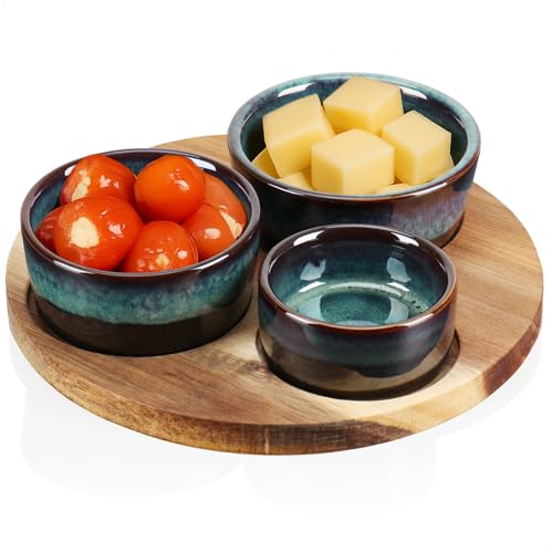 com-four® 4-teiliges Servierset - Schüsselset mit Holzbrett zum Servieren von Tapas, Mezze oder Antipasti - 3 Schälchen in 3 Größen mit Serviertablett aus Akazienholz (4-teilig schwarz)