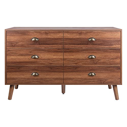 Jozzby 6 Drawer Dresser With Metal Handle For Bedroom, Mid-Century, Modern Walnut Wood Dresser Chest Of Drawers For Living Room, Hallway #TOP7