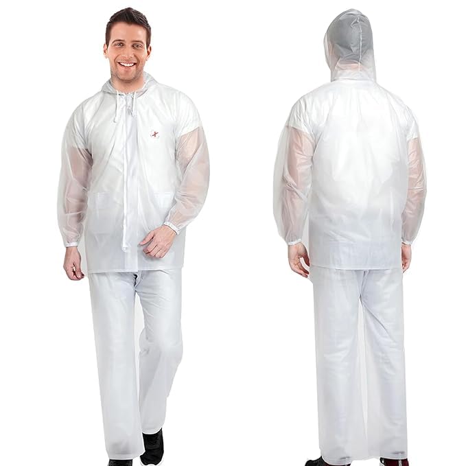 amazon brand - symactive Amazon Brand- Symactive Men Raincoat Water Resistant Rain Suit with Adjustable Hood Drawstring Hem Wet Weather Gear Set of Top & Bottom Barsaati and Carrying Pouch (XXL, Transparent)-picture-32