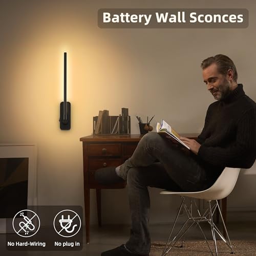 Image of Wireless Wall Sconces Set of 2 - Rechargeable Swing Arm Lights, 3 CCT-Dimmable Battery Powered, 17.32 inch Long Cordless Art Lights for Picture Frames - Black