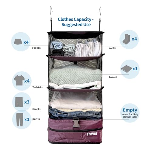 Grand Fusion Stow-N-Go Travel Luggage Organizer – Portable Hanging Travel Shelves, Carry-On Closet Organizer, Hanging Packing Cubes, Collapsible Carry-On Organizer for Cruises & Hotels. Burgundy - L