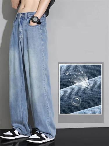 Men Summer Cozy Soft Fabric Jeans Elastic Waist Denim Trousers Loose Straight Pants Light Blue L3