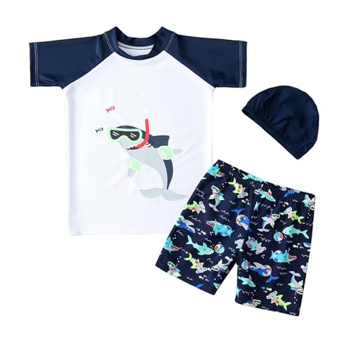 Boys U𝗣F 50+ Swimsuit 3 Piece Long Sleeve Rash Guard Bathing Suits Shirts with Hat and Swim Short Pants Kids Sport
