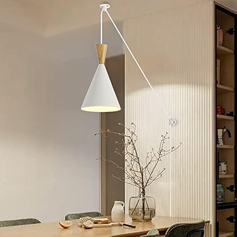 White Wood Adjustable Height Pendant Wall Light - Modern Industrial Plug in Cord Ceiling Hanging Wall Lamp Fixture - Indoor Rustic Metal Chandelier Wall Sconce Decoration for Living Room Kids Bedroom Cover