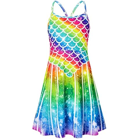 chicolife Summer Dresses for Girl Colorful Mermaid Dresses Adorable A-Line Sundress Strap Skirt Dance Party XL Cover