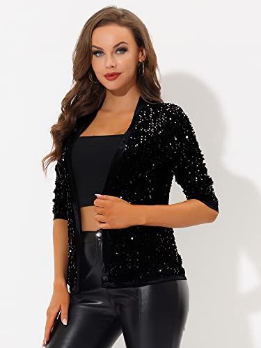 Allegra K Women's Sequin Cardigan 3/4 Sleeve Open Front Velvet Sparkle Jacket Party Glitter Blazer4