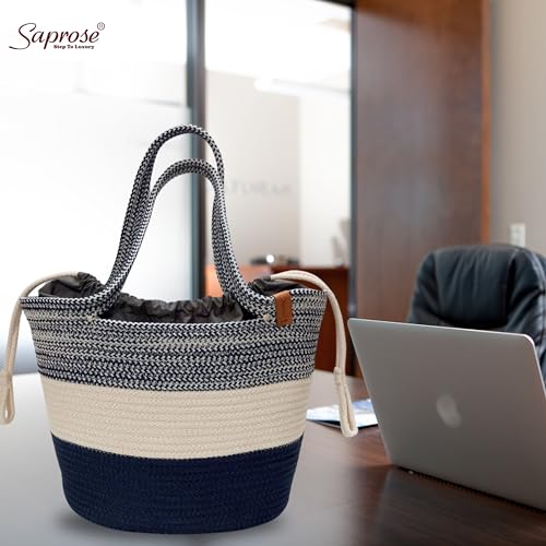 Image of SAPROSE Polypropylene Tote Tiffin Basket With Cover Carry Bag, Storage Basket, Picnic /Tiffin, Lunch Bag, Handbag for Lunch Box and Water Bottle, (29 x 18 x 28 cm) (Persian Blue)