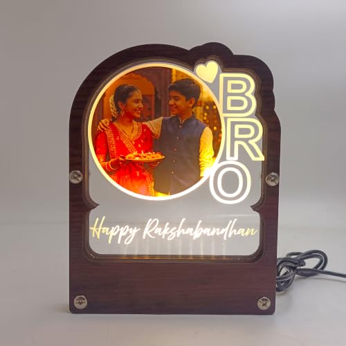 Image of lampees Personalised Rakshabandhan BRO LED Photo Frame Stand | Warm LED Illumination, Dark Wood & Acrylic, Custom Photo Upload