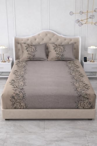 Image of 300 TC Cotton Feel Glace Cotton Elastic Fitted Bedsheet for King Size Double Bed | Fits up to 8 Inch Mattress | Printed Bedsheet with 2 Pillow Covers (Coffee, King Size - 72 inchx78 inch)