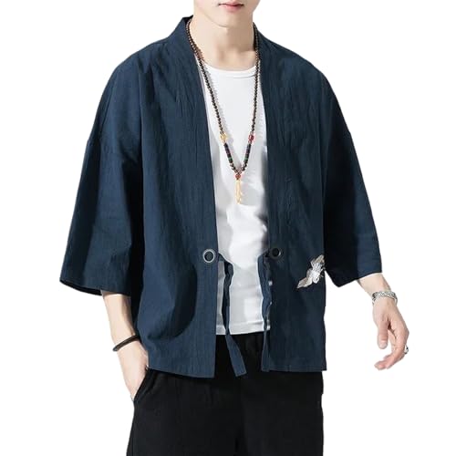 Kimono homme en coton lin brodé veste d'été légère fluide et ouverte devant