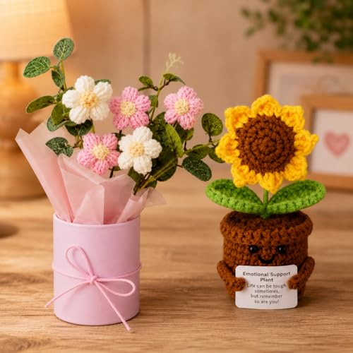 Image of Crochet Flower Bouquet & Emotional Support Sunflower Combo - Handmade Knitted Floral Gift Set | Aesthetic Mini Decor Combo