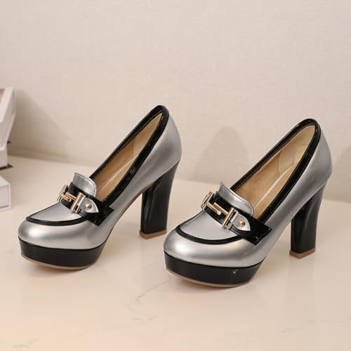 Aflngle Women's Platform Chunky High Heels Shoes Fashion Round Closed Toe Patent Leather Loafers Comfortable Casual Business Work Office Mary Jane Dress Pumps2