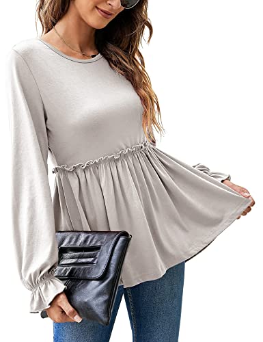 KTILG Women Long Sleeve Peplum Tops Tunic Baby-Doll Casual Ruffle Empire-Waist Fall Puff Loose Pleated T-Shirts Blouse