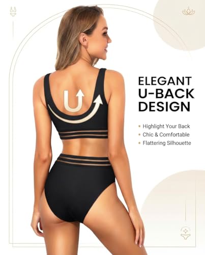 Image of Tempt Me Women Sporty Bikini Set Two Piece High Waisted Swimsuit Athletic Scoop Neck Bathing Suit