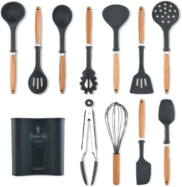 Solid Wood Handle with Stand Silicone Baking Tools Kitchen Cooking Spatula Spoons Storage Seat