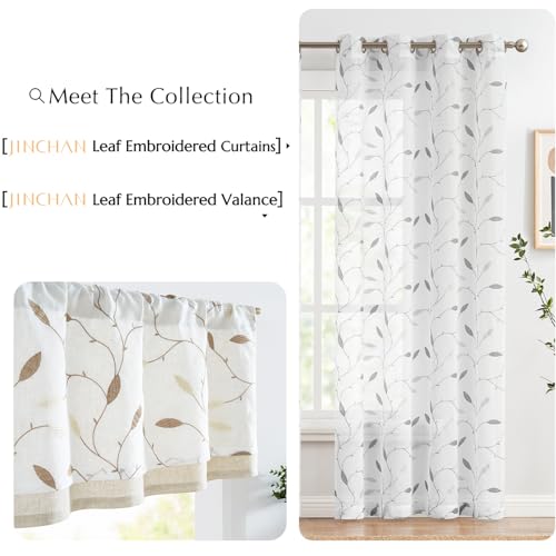 jinchan Sheer Valance for Window Gray Leaf Embroidered 18 Inch 1 Panel - image 8