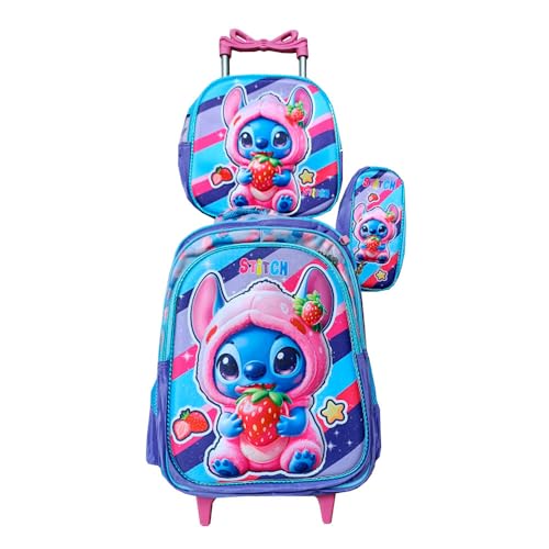 Kit Mochila Stitch com Rodinhas + Lancheira + Estojo Escolar