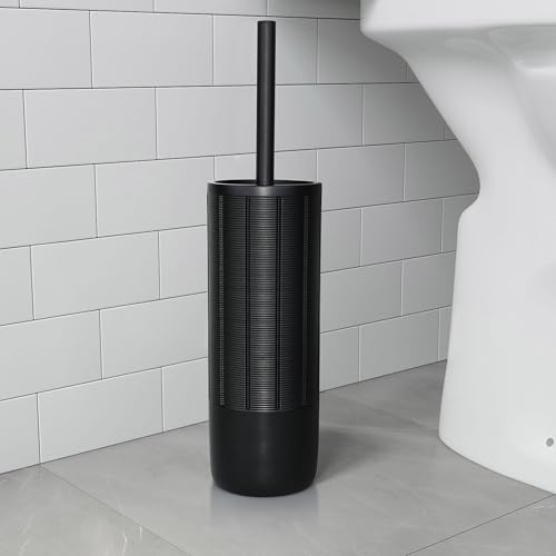 Image of Matte Black Ribbed Design Resin Toilet Bowl Holder and Brush Set, Durable Bathroom Cleaning Tool with Ergonomic Handle and Efficient Bristles, Stylish and Compact Design