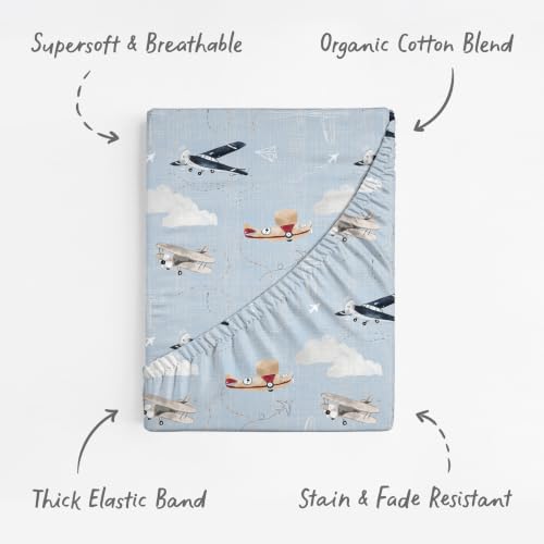Image of Baby Bassinet Sheets for Boy, Girl (Airplanes & Clouds) 2-Pack - Fitted Bedside Bassinet Sheets - Buttery Soft Cotton Blend for Standard Mattress Pad