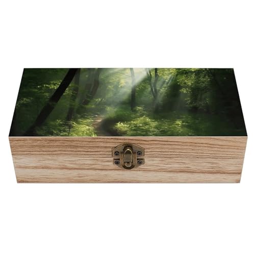 Joyero de madera personalizado con luz solar a través de la arboleda, caja de almacenamiento decorativa grande con tapa abatible, organizador de joyas de estilo rústico para escritorio, hogar y ofic