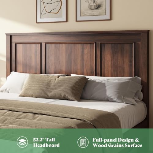 Image of AMERLIFE 52.2 inch King Size Farmhouse Bed Frame with Headboard, Rustic Brown | Tall Panel Headboard & Footboard, Wood Platform Bed with 3 Large Storage Drawers, No Box Spring Required, Noise-Free Design