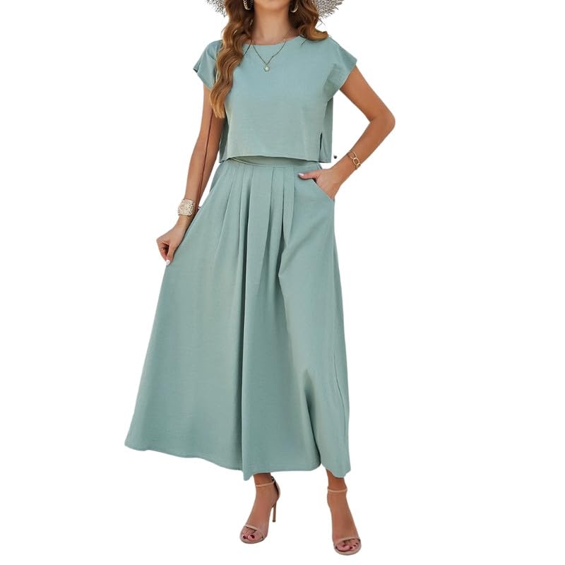 Women's 2-Piece Casual Outfit – Loose Cap Sleeve Top & Long Pleated Skirt Set Gray Green-image-32