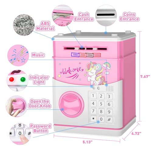 JUNEU Unicorn Piggy Bank for Kids, Gifts for 5 6 7 8 9 10 Year Old Girls, Kids Electronic Piggy Bank, Girls Birthday Gifts, Educational Toys for Girl Boys, Kid Money Saving Box, Mini ATM Coin Bank