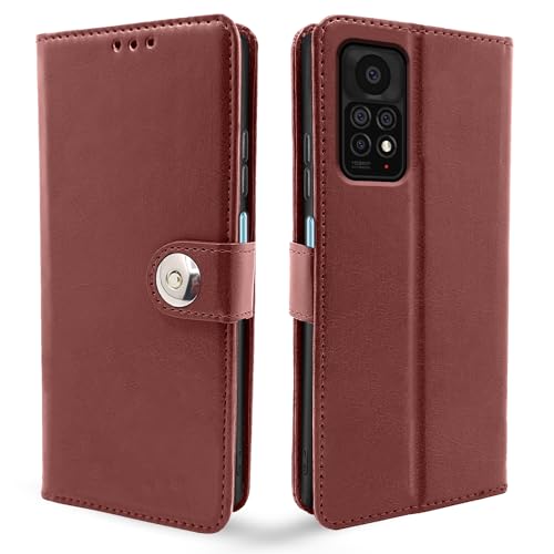 Image of Pikkme Redmi Note 11 Pro /Note 11 Pro Plus 5G Flip Cover Leather Finish | Inside TPU with Card Pockets | Wallet Stand and Shock Proof | Complete Protection Button Flip Case (Brown)