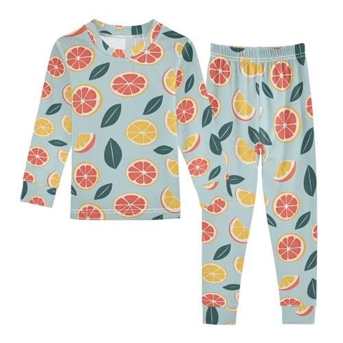 ALAZA Orange Lemon Leaf Blue Pajamas Long Sleeve Sleepwear 2-Piece Pajama Set