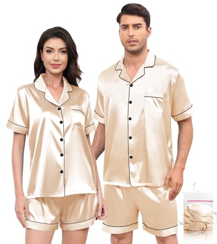 Silk Matching Pajamas Set for Couples Women Men Stain Short Sleeve Sleepwear Button Down 2 Pcs Pjs Sets S-3XL - Main Image