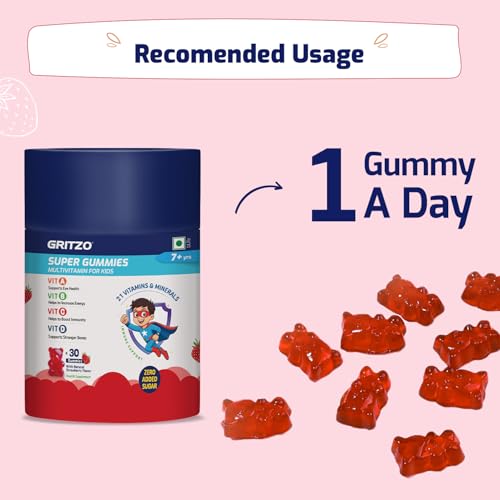 Image of Gritzo Super Gummies Multivitamin (7+y Kids) (Strawberry Flavour, 30 Gummies) | Zero Added Sugar, 21 Vitamins & Minerals | Pack of 2