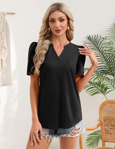 Image of Zeagoo Women Blouses Puff Short Sleeve Tops V Neck Dressy Casual Spring Shirts Boho Floral Cute Clothes 2026