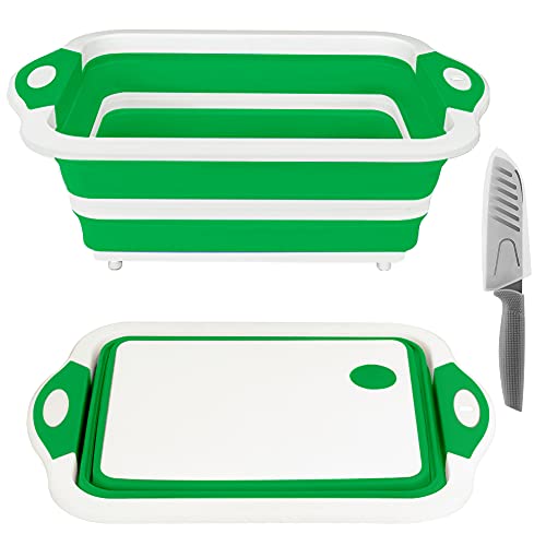 Rottogoon Collapsible Cutting Board, Foldable Chopping Board with Colander, Multifunctional Kitchen Vegetable Washing Basket Silicone Dish Tub for BBQ Prep/Picnic/Camping(Green)