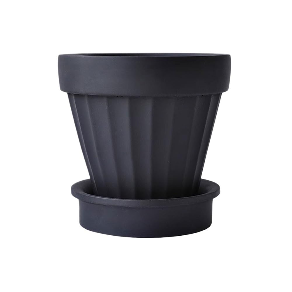 SDA287MZ Round with Streaks Texture Plant Pot, Cement Planter, with Drainage Hole and Saucers Trays Plants Container, for Balcony Bedroom Living Room (2 Colours) Multifunction(Black)