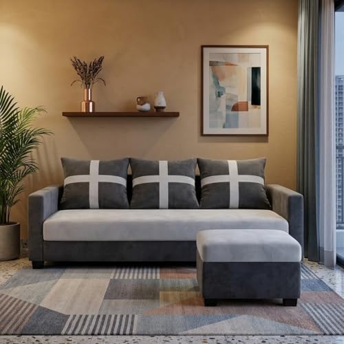 Image of Caviriq 4 Seater L Shape Sofa Set with Movable Ottoman | Flexible Left or Right Layout | Luxury Velvet Suede Fabric | Modern Living Room Sofa | Dark Grey-Light Grey