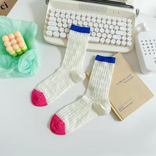 5 pairs of spring and summer thin cotton mesh socks, color-blocked mid-tube personalized girl pile socks2