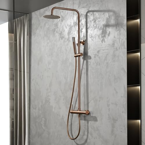 IMEX - Columna Ducha Oro Rosa Cepillado con Grifo | Kit de Ducha con Alcachofa y Rociador Antical | Griferia en Latón y Acero Inox S.304 con Barra Extensible | Serie Line