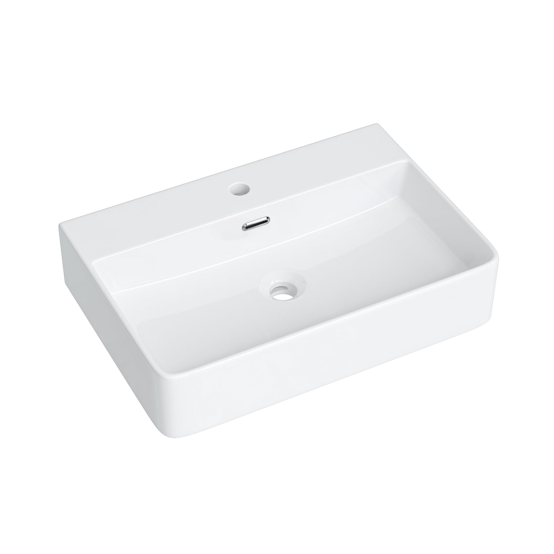 Lavabo de baño de 60 cm de ancho, lavabo superior con orificio para grifo y rebosadero, cuadrado, montado en la pared o en la pared, sin grifo