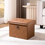 oakvivo Folding Storage Ottoman 16x12x12 inches, Small Faux Leather Foot Rest Stool with Button Tufted Rivet Design, Footstool Bench, Ottoman with Storage for Living Room Bedroom Coffee Table, Brown